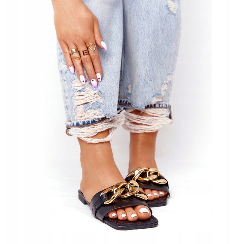 Kožne papuče s lancem Crni francuski poljubac crna zlatni 3