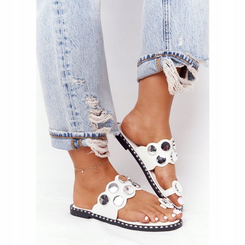 PS1 Kožne papuče sa rhinestones bijelim Ava bijela 2