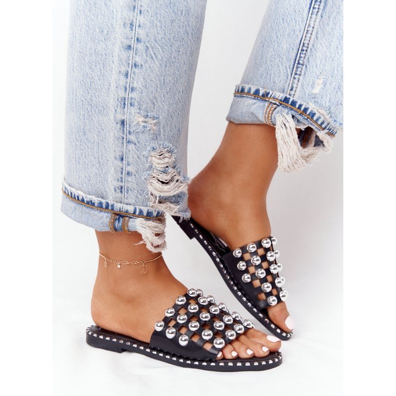 PS1 Ažurne kožne papuče sa kamenčićima Crna Alana 2