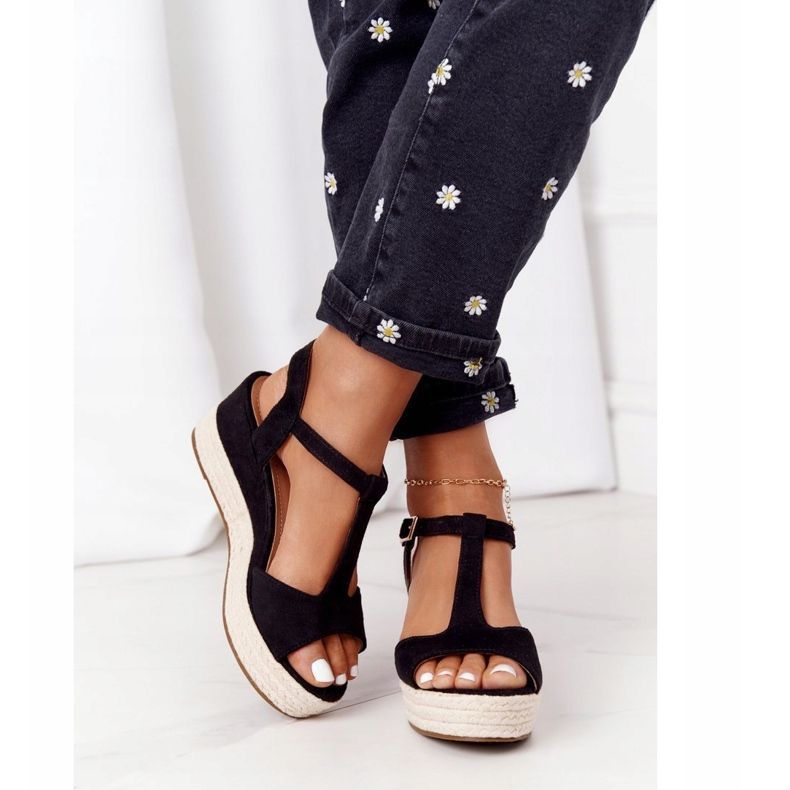 PG1 Crne sandale na klin Graciosa s pletenicama bež crno 2