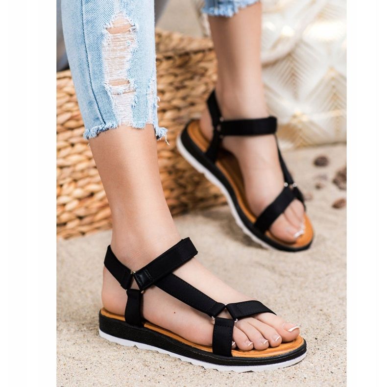 SHELOVET Modne sandale s čičak trakom crna 1