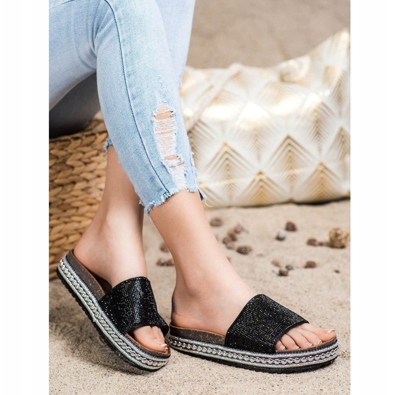 SHELOVET Modne kristalne papuče crno 1