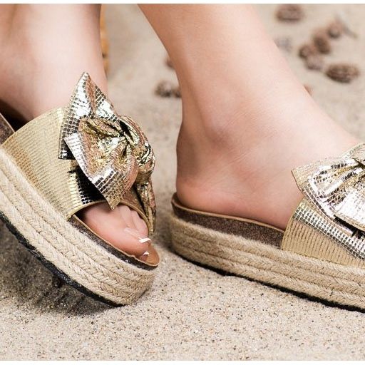 SHELOVET Sjajne papuče s mašnom zlatni 1