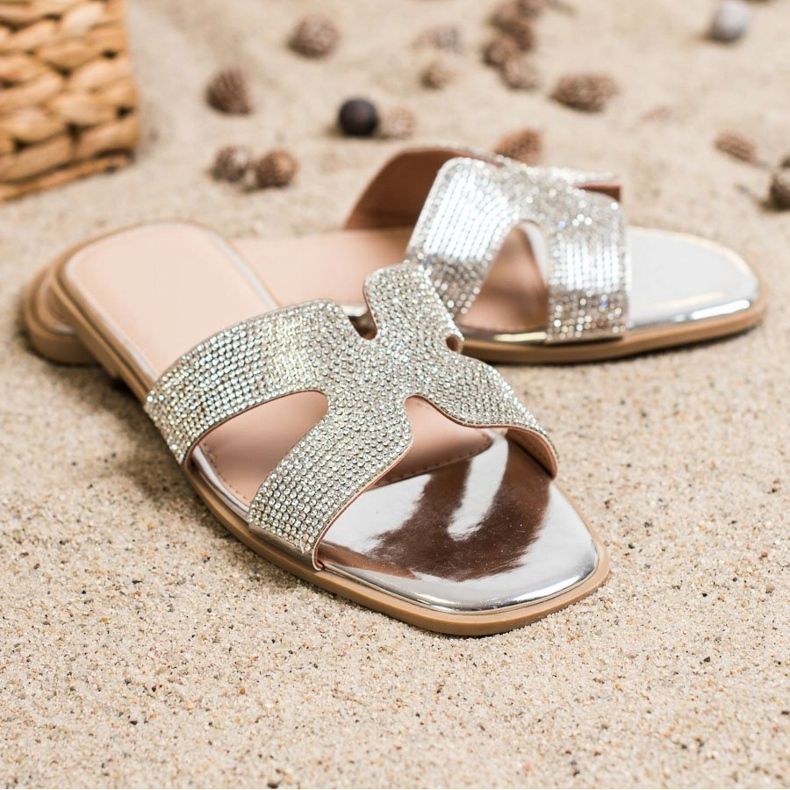 SHELOVET Elegantne papuče s kubnim cirkonijem srebro 2