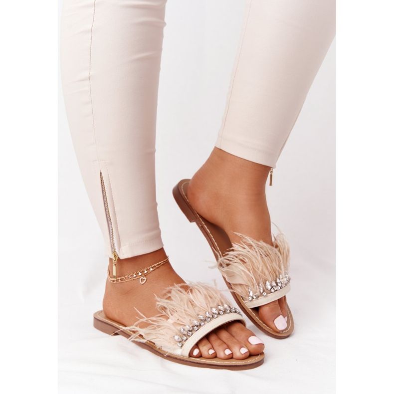 Papuče s perjem Lu Boo Bež 2