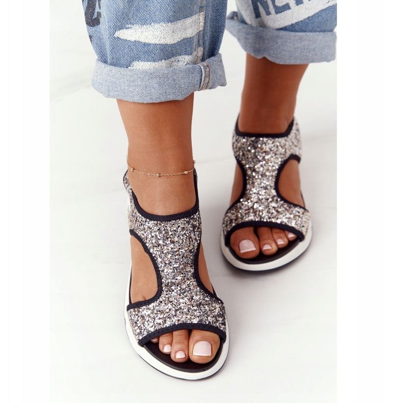 S.Barski Srebrne klizne sandale sa Zoey brokatom crna 1