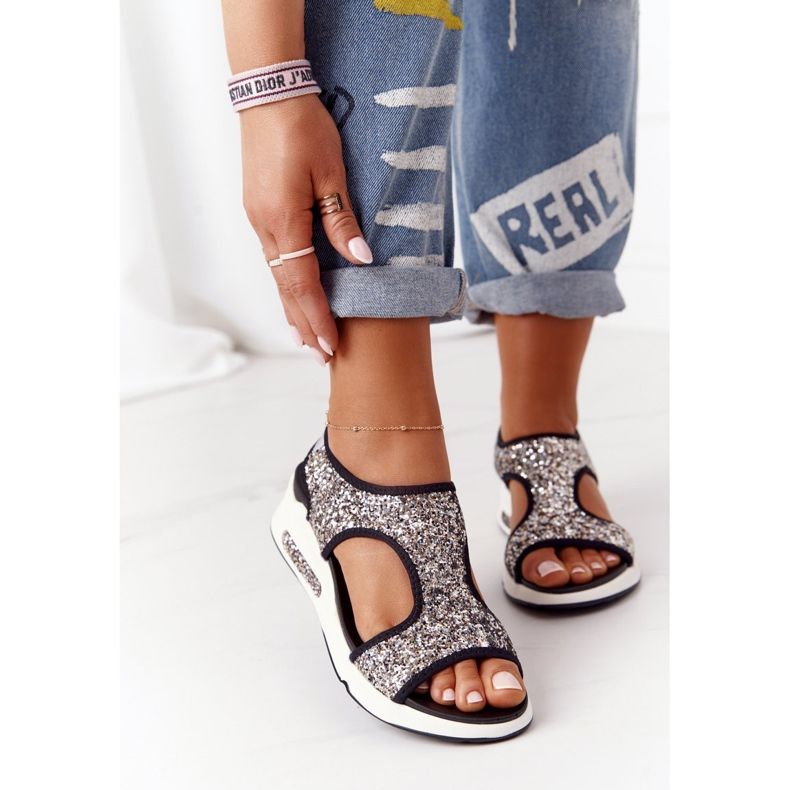 S.Barski Srebrne klizne sandale sa Zoey brokatom crno 2