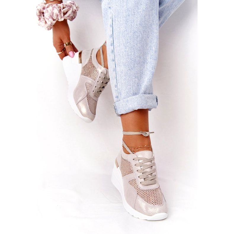 Kožne tenisice na klin s mrežom S.Barski zlatne bež zlatna 3