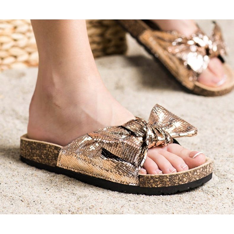 SHELOVET Sjajne papuče s mašnom zlatni 1