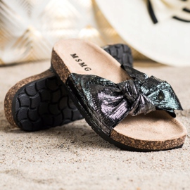 SHELOVET Sjajne papuče s mašnom crno 1