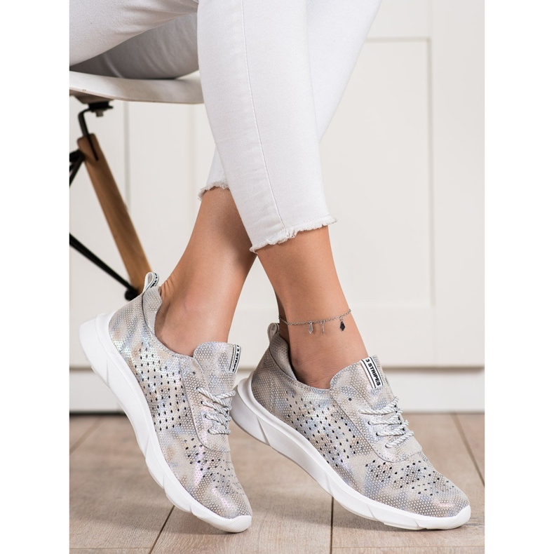 Goodin Sjajne kožne tenisice bež siva zlatni 2