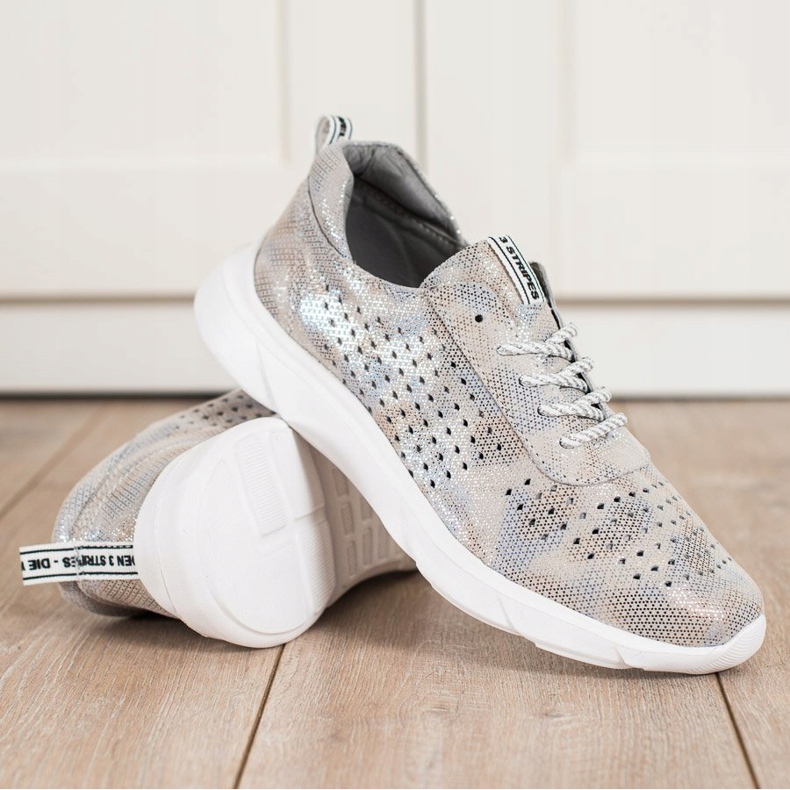 Goodin Sjajne kožne tenisice bež siva zlatni 1