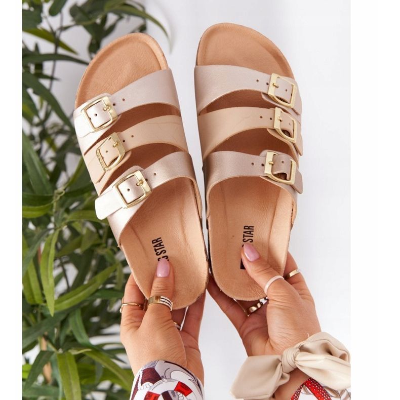 Kožne profilne papuče Big Star HH274585 Bež i zlatna zlatni 1