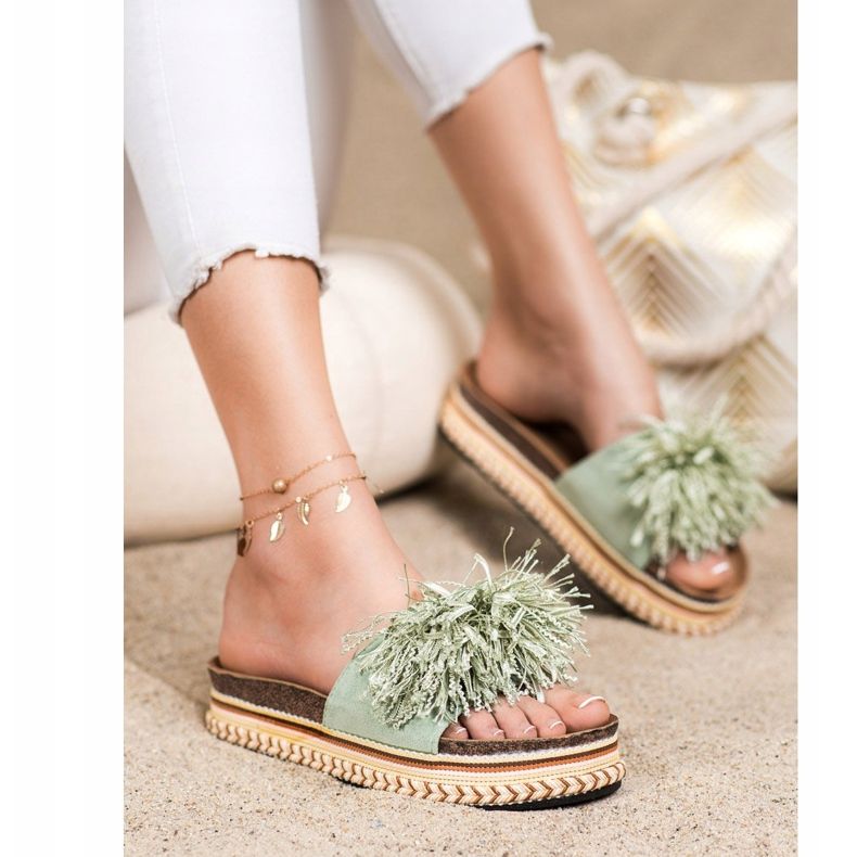 SHELOVET Modne papuče s resama zelena 1