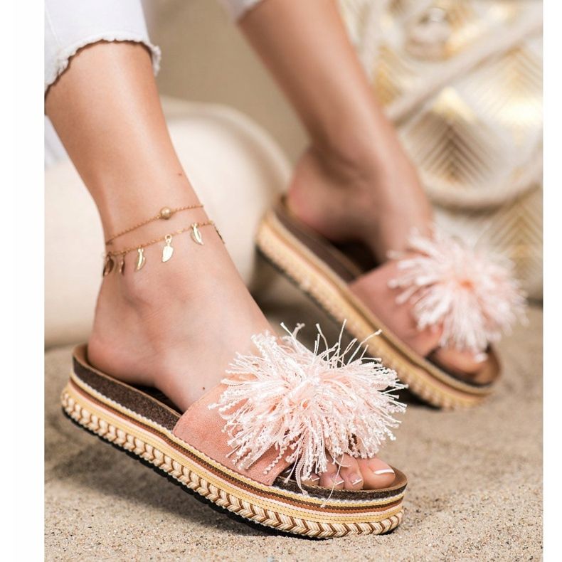 SHELOVET Modne papuče s resama ružičasta 1