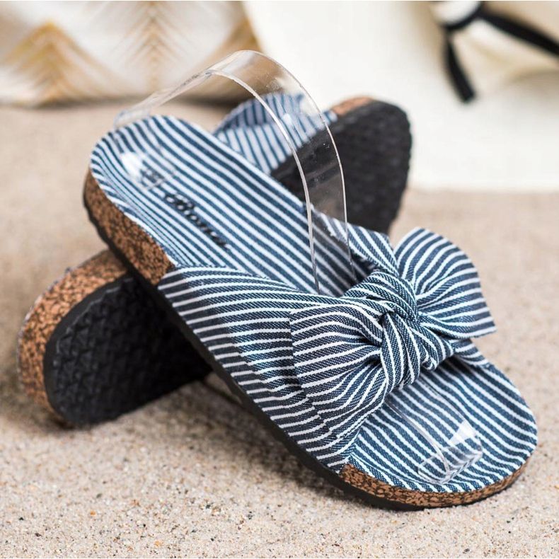 Bona Papuče s prugastim mašnom bijela plava 1