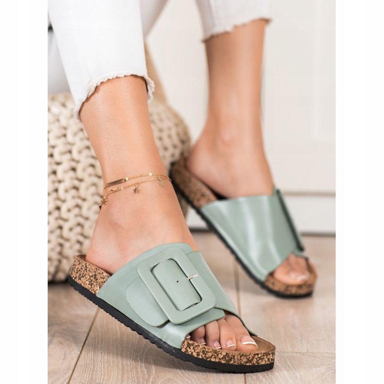 SHELOVET Eko kožne papuče s kopčom zelena 1