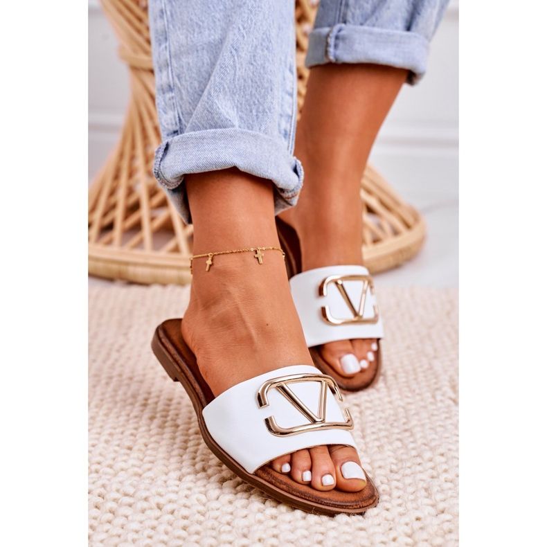 Nicole Ženske klasične kožne papuče bijele Evie bijela zlatna 3