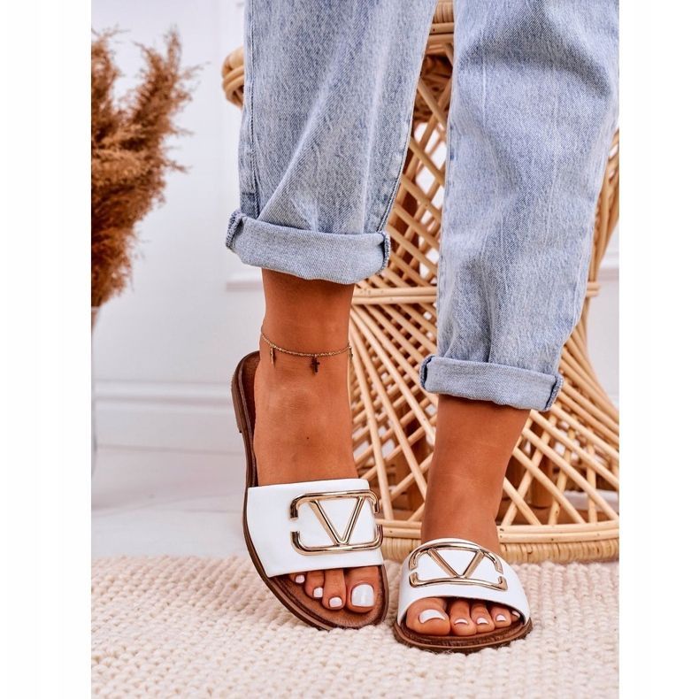 Nicole Ženske klasične kožne papuče bijele Evie bijela zlatni 4