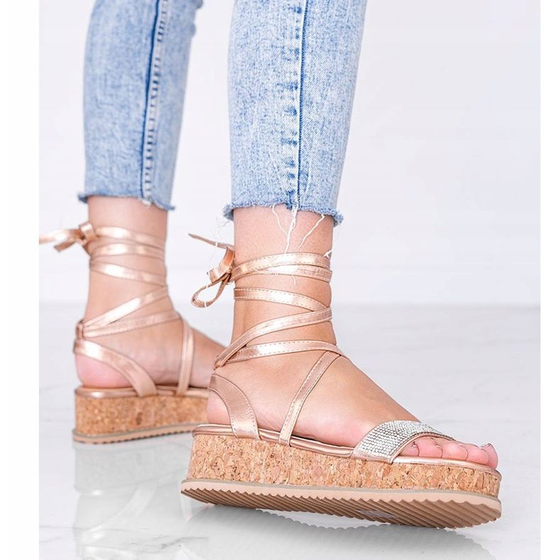 Ružičaste sandale vezane cirkonima Ves ružičasta zlatna 1