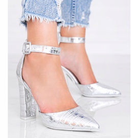 Srebrne pumpe na stupu u uzorku Glamour krokodilske kože srebro 1