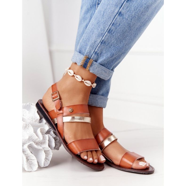 PE1 Ženske ravne sandale, smeđe i zlatne Doris smeđa zlatni 2