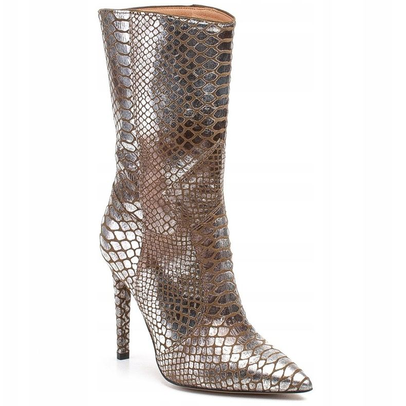 Marco Shoes Metalne ženske čizme na štikli sa životinjskim motivom bež srebro 1