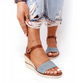 EVE Sandale na peti na klin plave pletene Tenerife smeđa plava 2