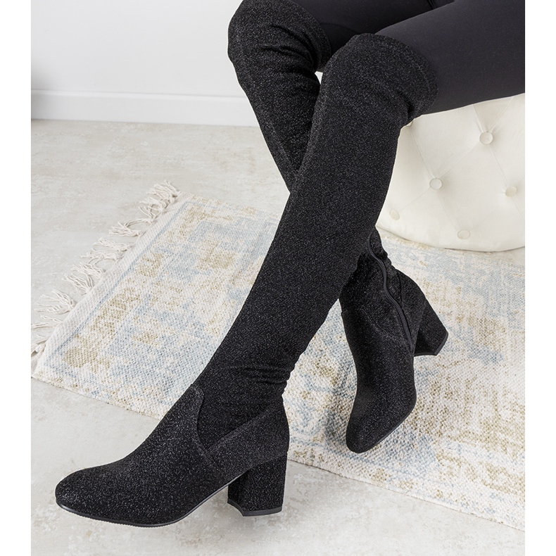 Crne sjajne čizme preko koljena Uta crno srebro 1