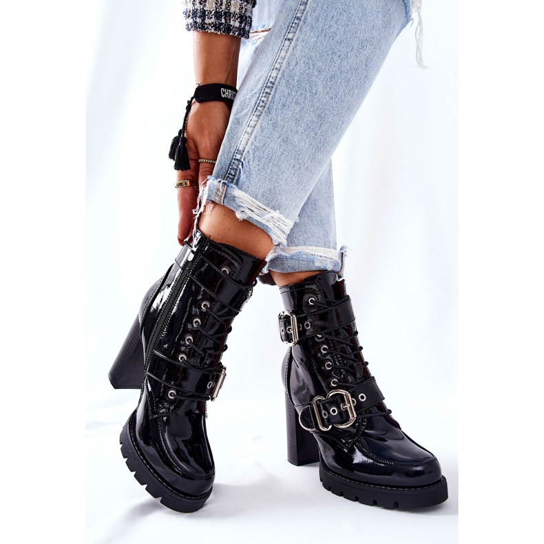 Lakirane čizme na šanku Crni flaris sa kopčom crna 2