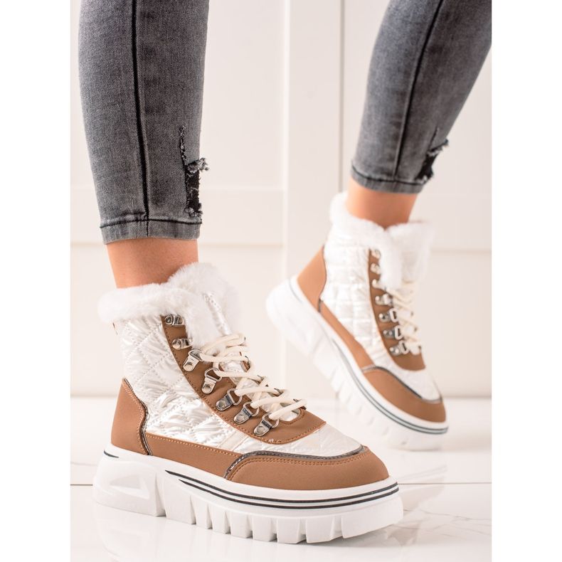 TRENDI Tople čizme za snijeg na platformi bijela smeđa 1