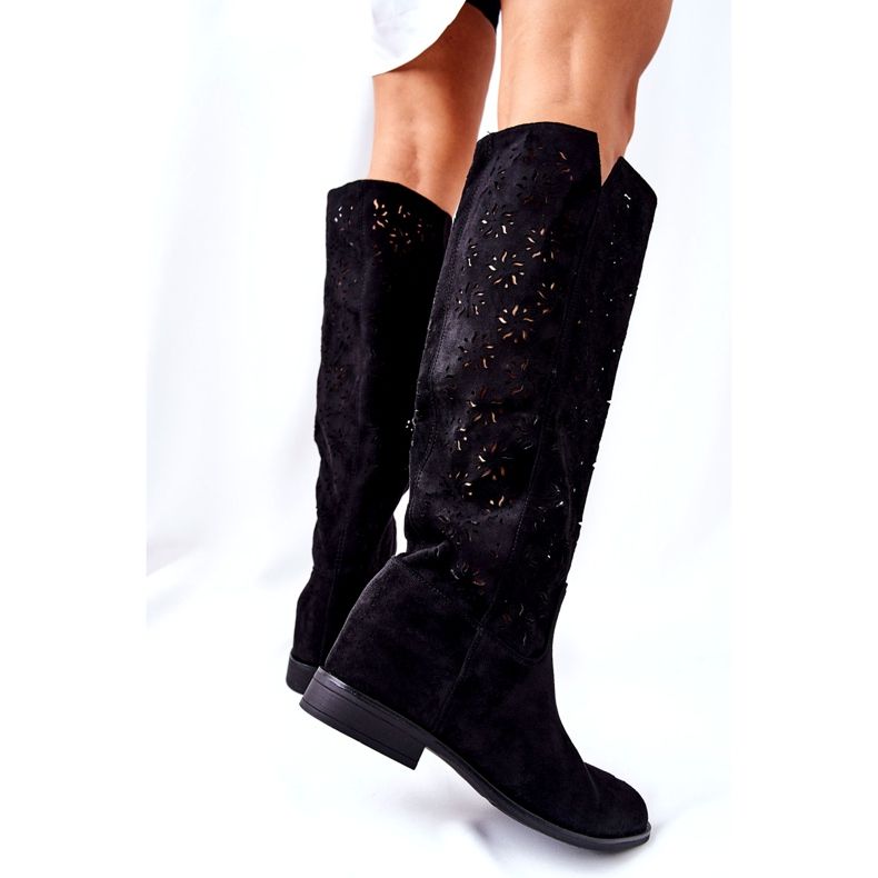 PG1 Ažurne čizme na skrivenom crnom klinu Lara crna crvena 2