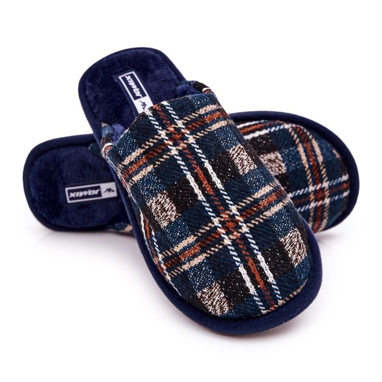 WJ1 Muške tople tamnoplave karirane papuče Whisper bež tamnoplava 2