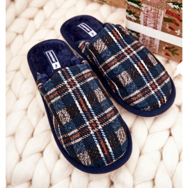 WJ1 Muške tople tamnoplave karirane papuče Whisper bež mornarsko plava 1
