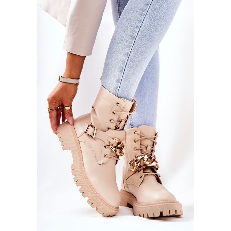 WS1 Bež Molisa radničke čizme s lančićem zlatna 1