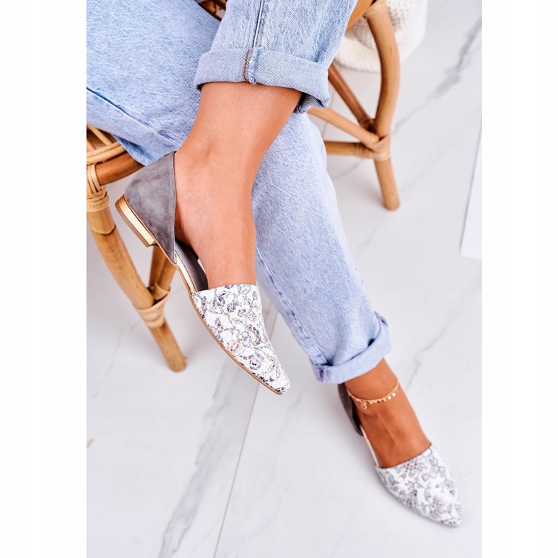 Elegantne kožne balerinke s cvijećem Laura Messi 1110 Bijela ružičasta višebojan 2