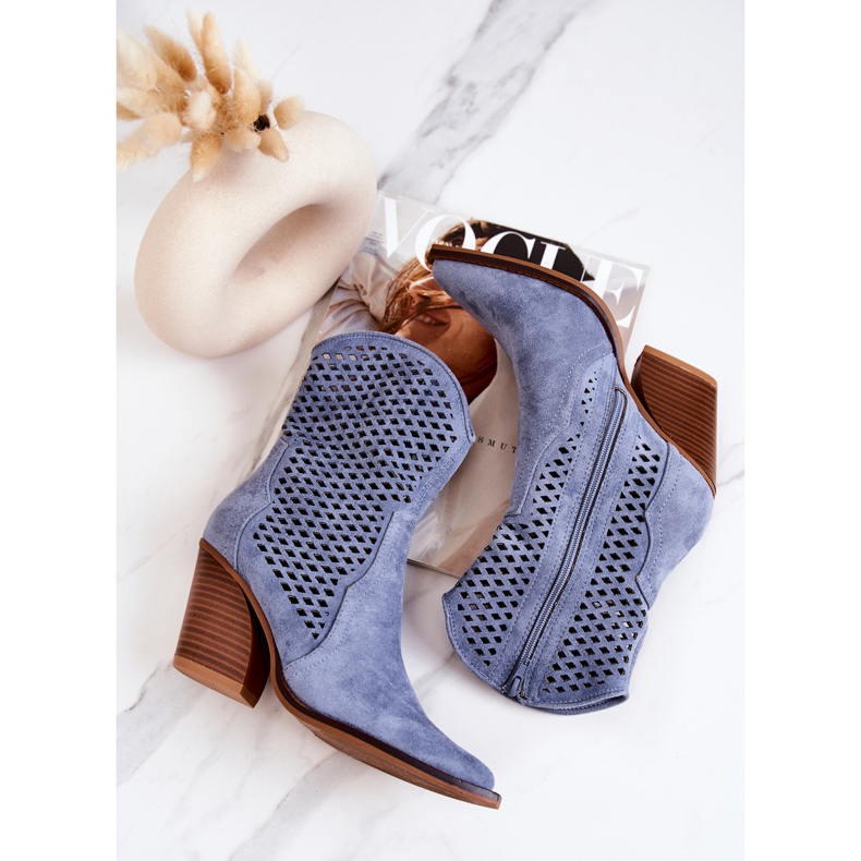 FB1 Ažurne kaubojske čizme na post Blue Caroline plava 1