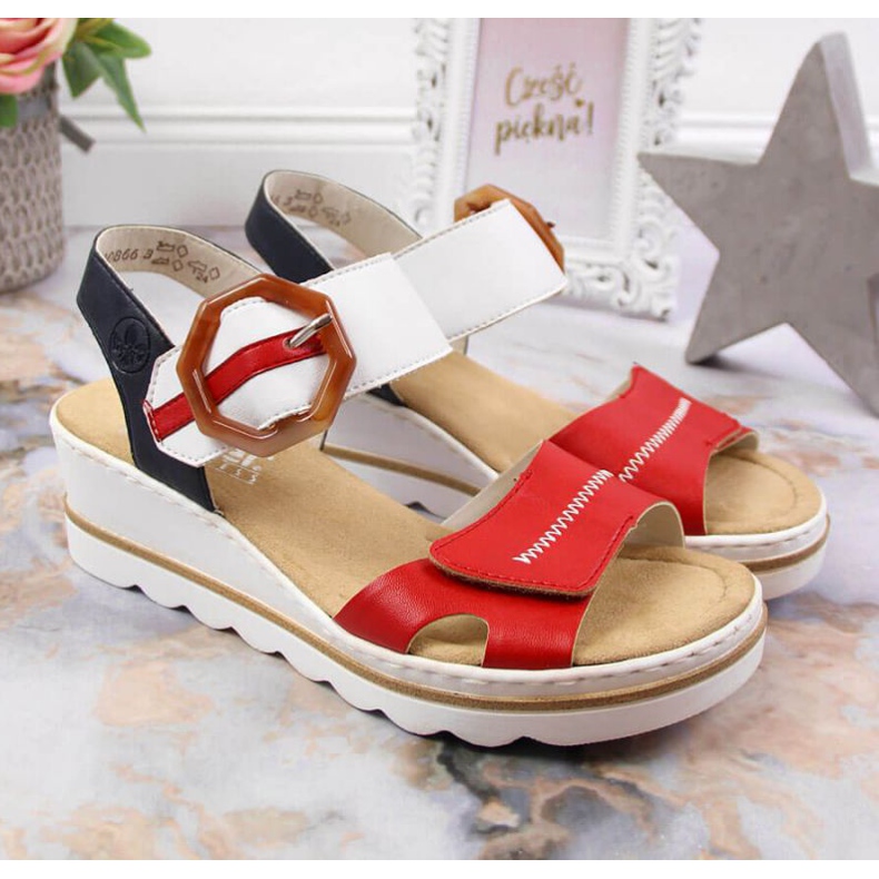 Sandale na klin Rieker W 67476-33 bijela crvena 2