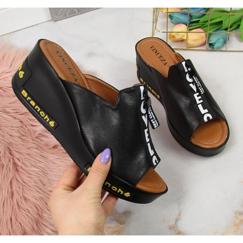 Crne papuče na klin s natpisima Vinceza W JAN109 crna 1