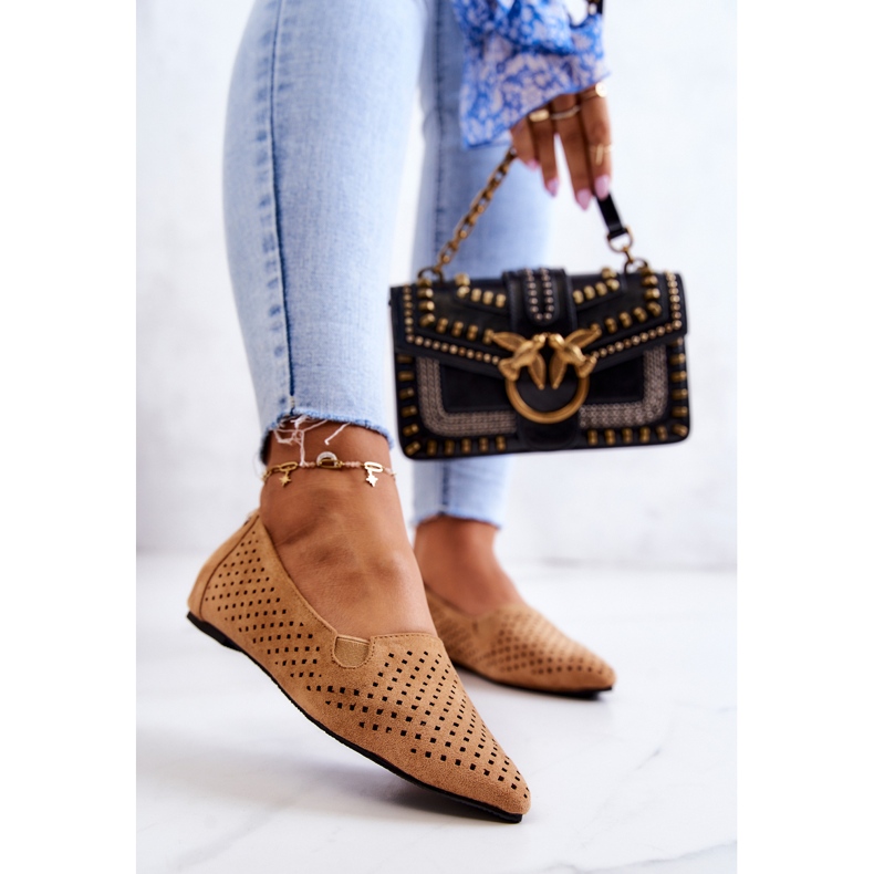 LU BOO Ženske ažurne balerine Slip-on Camel Rosario smeđa 2