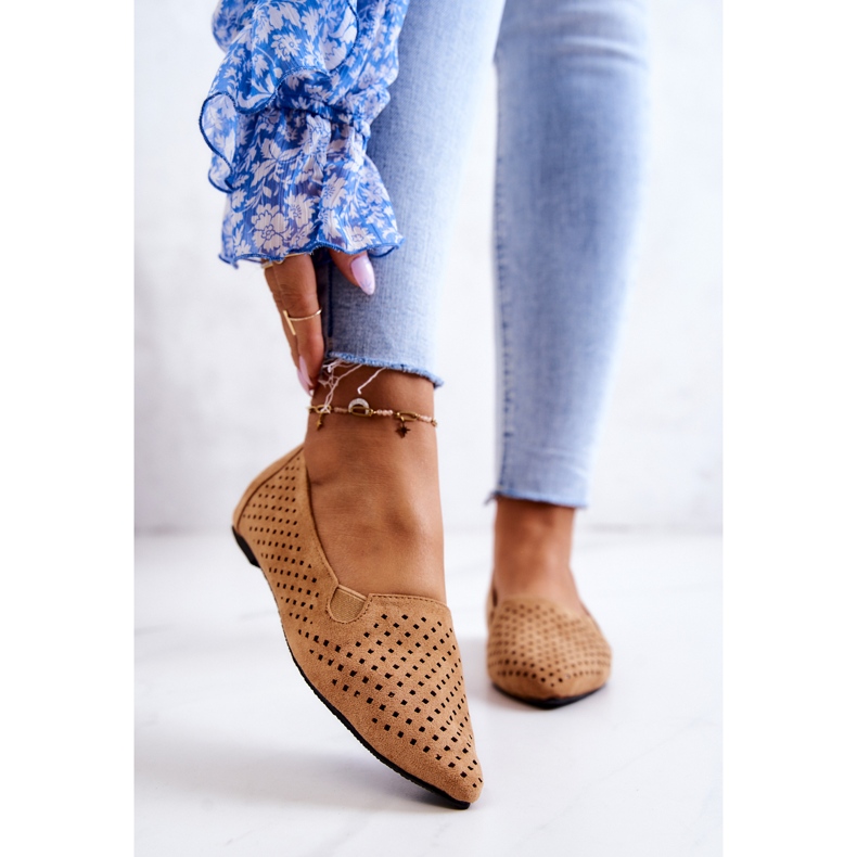 LU BOO Ženske ažurne balerine Slip-on Camel Rosario smeđa 1