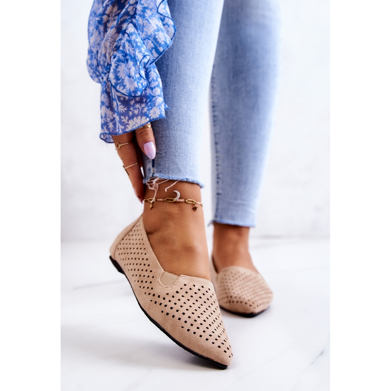 LU BOO Ženske ažurne balerinke slip-on bež Rosario 1