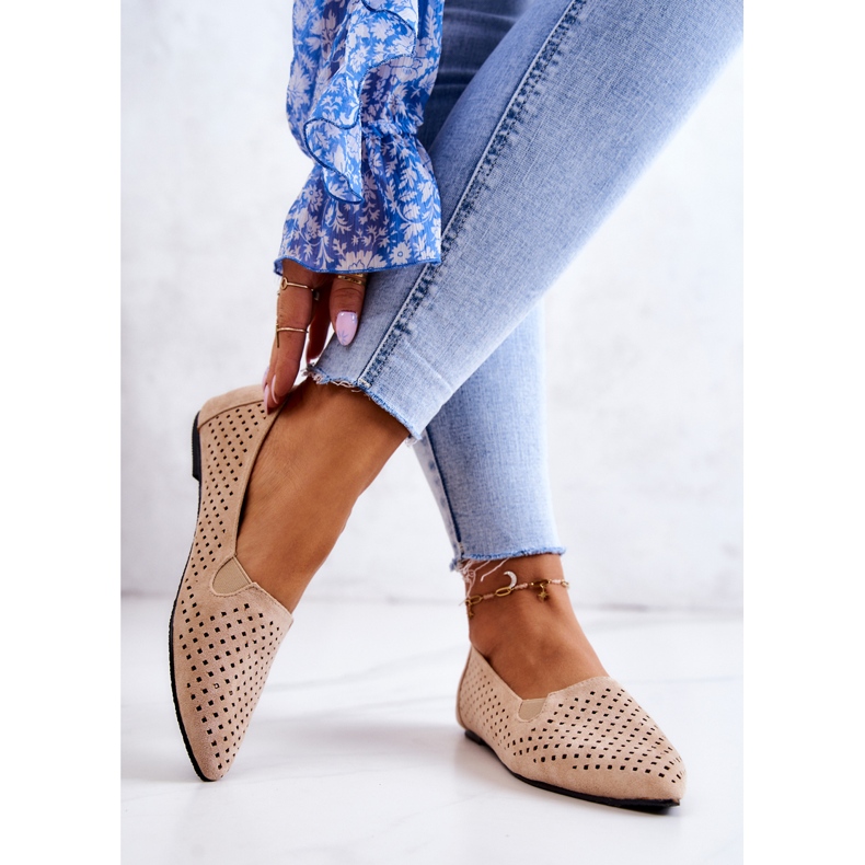 LU BOO Ženske ažurne balerinke slip-on bež Rosario 2