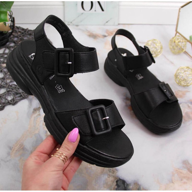 Kožne sandale na platformi Rieker W RKR513 crne crno 1