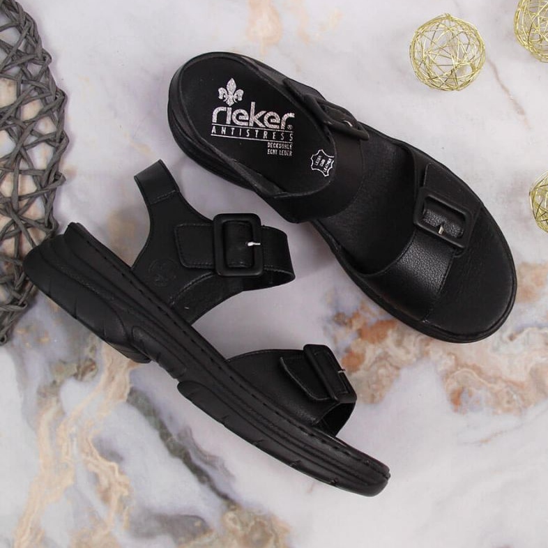 Kožne sandale na platformi Rieker W RKR513 crne crno 2