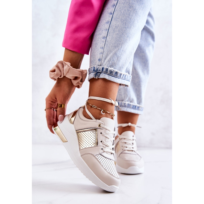 S.Barski Ženske kožne sportske cipele na klin bež i bijeli Larson bijela zlatna 1