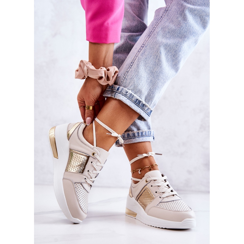 S.Barski Ženske kožne sportske cipele na klin bež i bijeli Larson bijela zlatna 2