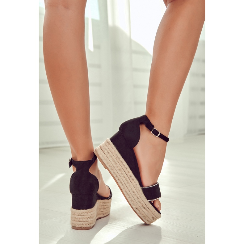 FW1 Ženske sandale na klin s crnim linettom od kubičnog cirkonija crna 2