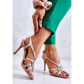 Kožne sandale na visoke pete Laura Messi 2002. bež i zlatna 2