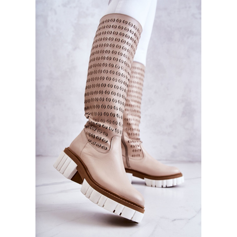 Ažurne kožne čizme s bež patentnim zatvaračem Lativia 2